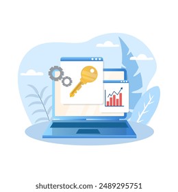 Key management illustration. Laptop, gear, screen, chart, arrow. Editable vector graphic design.