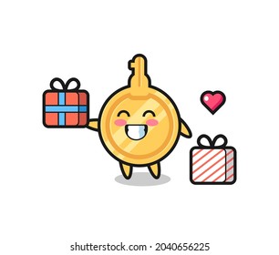 key mascot cartoon giving the gift , cute design