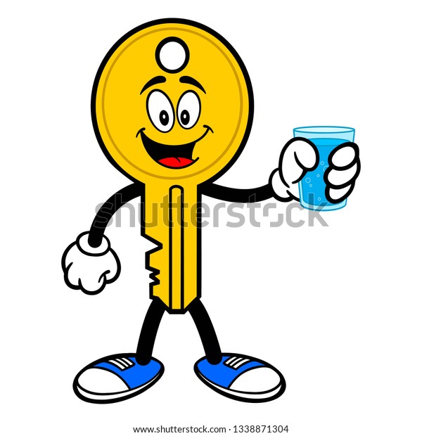 Key Mascot with\
a glass of Water - A vector cartoon illustration of a car key\
mascot holding a glass of\
water.