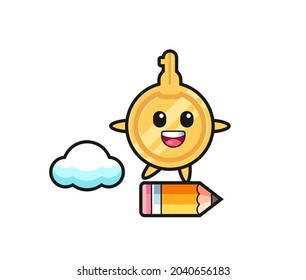 key mascot illustration riding on a giant pencil , cute design