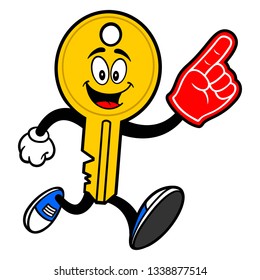 Key Mascot running with a Foam Hand - A vector cartoon illustration of a car key mascot running with a Foam Hand.