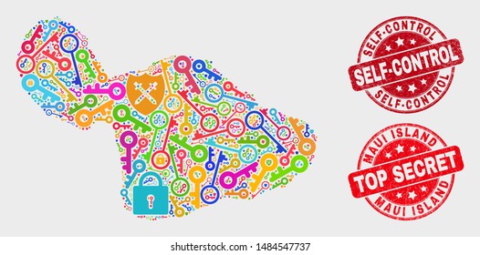 Key Maui Island map and seals. Red round Top Secret and Self-Control textured seals. Bright Maui Island map mosaic of different privacy elements. Vector combination for safety purposes.
