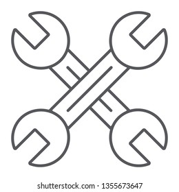 Key mechanic thin line icon, auto and tool, crossed wrenches sign, vector graphics, a linear pattern on a white background, eps 10.