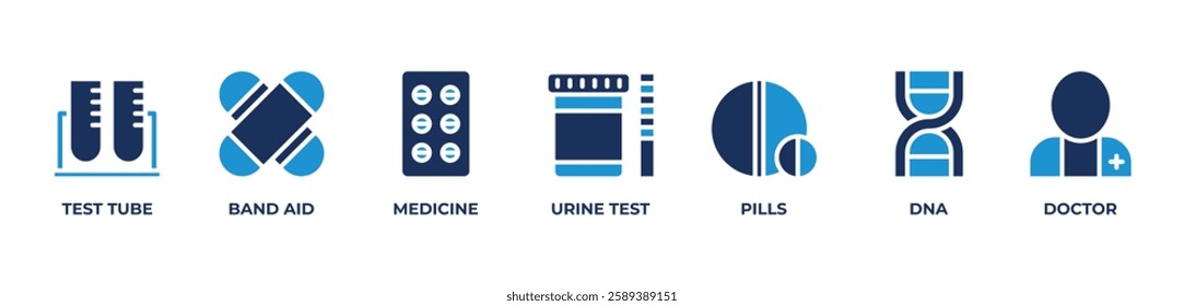 Key Medical  Icons set vector blue illustration with  TEST TUBE, BAND AID, MEDICINE, URINE TEST, PILLS, DNA, DOCTOR