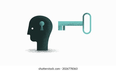 The Key To Mental Health. Human Head With Keyhole. Psychiatrist Concept. Vector Illustration With Grain, EPS 10