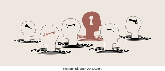 The key to mental health. Human head with keyhole. Key to your mind and understanding other people. Social relations. Vector illustration, EPS 10