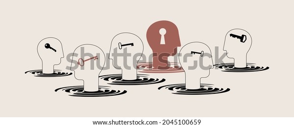 The key to mental health. Human head with keyhole.
Key to your mind and understanding other people. Social relations.
Vector illustration, EPS
10