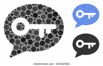 Key message mosaic of filled circles in variable sizes and color tints, based on key message icon. Vector filled circles are composed into blue composition.