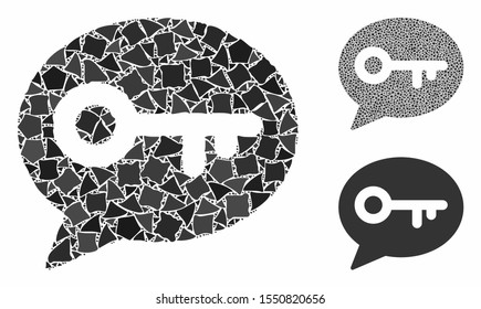 Key message mosaic of joggly parts in various sizes and color tones, based on key message icon. Vector tremulant parts are combined into collage. Key message icons collage with dotted pattern.
