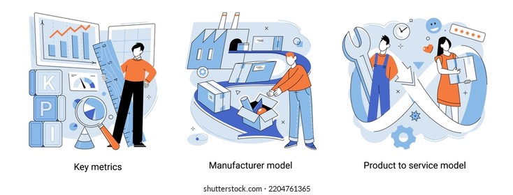 Key metrics, manufacturer model, product to service model scenes set. Work quality control abstract metaphor concept vector. Product safety standard, production line, business success, inspection