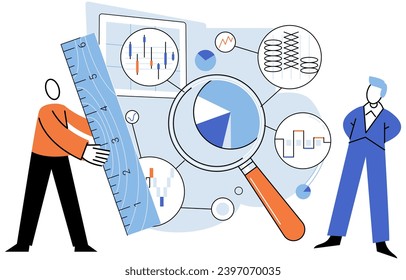 Key metrics. Vector illustration. Key metrics help evaluate efficiency marketing campaigns Success in finance depends on analyzing financial metrics and making data-driven decisions Statistics play