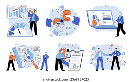 Métricas clave. Ilustración vectorial. El informe incluye indicadores clave que indican éxito de marketing Los indicadores financieros son esenciales para evaluar el rendimiento financiero y la rentabilidad Las estadísticas juegan