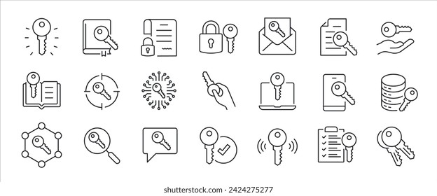 Key minimal thin line icons. Related protection, access, security, privacy. Vector illustration.