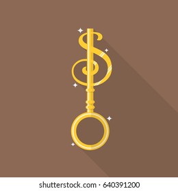 Key to money in flat style icon. Financial concept