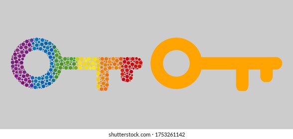 Icono de mosaico clave de círculos llenos en tamaños variables y colores brillantes del arcoiris. Una clave punteada de color LGBT para lesbianas, gays, bisexuales y transgéneros. Icono vector en los colores de la bandera LGBT.