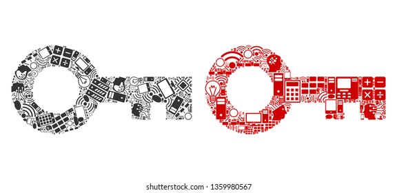 Key mosaic icons designed for bigdata purposes. Vector key mosaics are organized from computer, calculator, connections, wi-fi, network icons into abstract patterns. Usual and red colors.