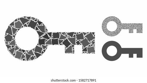 Key mosaic of joggly parts in variable sizes and color tinges, based on key icon. Vector joggly parts are united into mosaic. Key icons collage with dotted pattern.