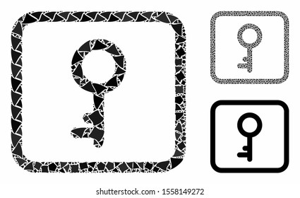 Key mosaic of unequal pieces in different sizes and color tones, based on key icon. Vector tremulant pieces are organized into illustration. Key icons collage with dotted pattern.