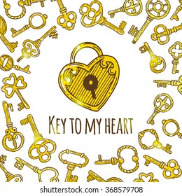 Key to my heart. Hand drawn vector illustration. Romantic poster, quote, card, banner, invitation, wedding, greeting card.