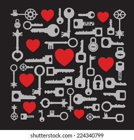 Key to my heart.  Keys, locks and loving hearts on a black background.
