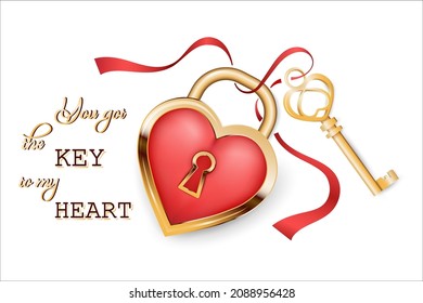 Key to my heart in realistic style isolated on white background. Valentine's day. Golden text lettering. Holiday concept. Vector 
