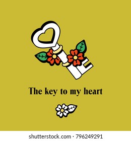 The key to my heart. Vector emblem. The design element of postcards for St. Valentine's day, wedding invitations.