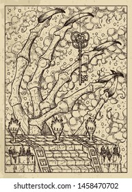 Key. Mystic concept for Lenormand oracle tarot card. Vector engraved illustration. Fantasy line art drawing and tattoo sketch. Gothic, occult and esoteric background