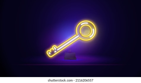 Key neon sign. A glowing sign with a key trinket on a stand. Night bright advertising. Vector illustration in neon style for real estate, mortgages, housing