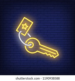 Key neon sign. Luminous signboard with trinket. Night bright advertisement. Vector illustration in neon style for property, mortgage, accommodation