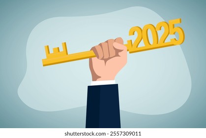 Key to new year's success, opportunity concept, businessman holding a key, setting and achieving goals, successful and ambitious entrepreneur.