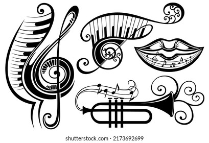 Key notes and notes with floral elementes, collection of music elements