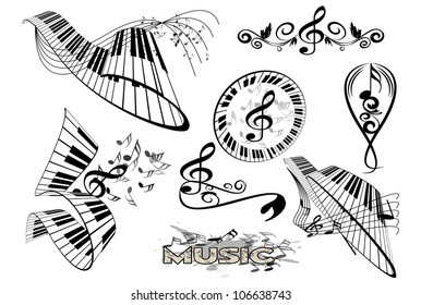 key notes and piano keyboard with floral elements