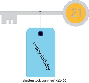 key with the number 21 and a table stating happy birthday concept for turning 21 and getting the key to the door.
