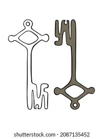 Key old vintage hand drawn style doodle, outline black silhouette, isolated, white background.
