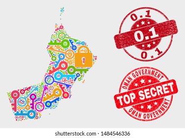 Key Oman map and stamps. Red round Top Secret and 0.1 grunge seal stamps. Colorful Oman map mosaic of different keeper items. Vector composition for keeping purposes.