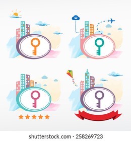 Key on Cityscape background. illustration set.   