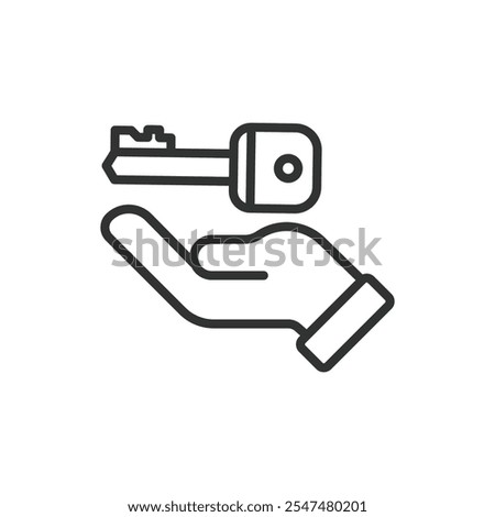 Key on a hand, icon in line design. Key, hand, security, access, ownership, trust, giving on white background vector. Key on a hand editable stroke icon