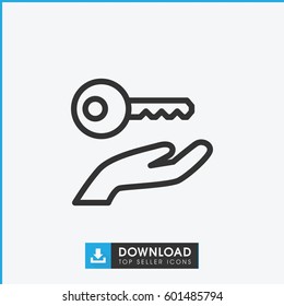 Key On Hand Icon. Simple Outline Key On Hand Vector Icon. On White Background.