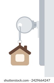 Llave en la cerradura y llavero en forma de una casa