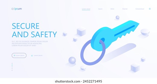 Key on ring, icon. Property symbol of real estate or car, secure and safety. Access to personal account, profile Information. Isometric vector illustration for visualization of business presentation