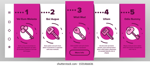 Key Onboarding Mobile App Page Screen Vector Thin Line. Key In Heart Form, Ancient And Modern, Electronic And Classical Concept Linear Pictograms. Contour Illustrations