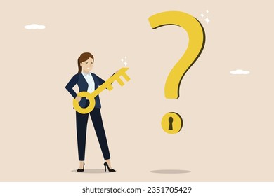 The key to open the answer to problems and questions, the solution to solve a problem, a smart businesswoman holding a golden key to unlock the hole in the question mark sign.