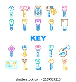 Key For Open And Close Padlock Icons Set Vector. Vintage And Modern Electronic Key With Fingerprint Scanner System, Car And House, Standard English And Ancient Style Color Illustrations