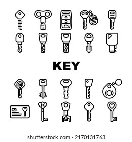 Key For Open And Close Padlock Icons Set Vector. Vintage And Modern Electronic Key With Fingerprint Scanner System, Car And House, Standard English And Ancient Style Color Illustrations