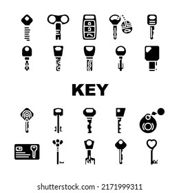 Key For Open And Close Padlock Icons Set Vector. Vintage And Modern Electronic Key With Fingerprint Scanner System, Car And House, Standard English And Ancient Style Color Illustrations