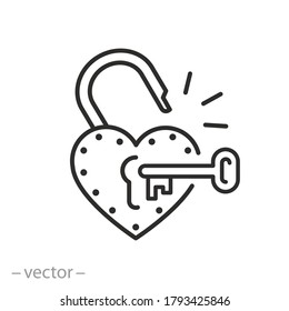 key and open heart padlock icon, love safety concept, thin line symbol on a white background, editable stroke vector illustration