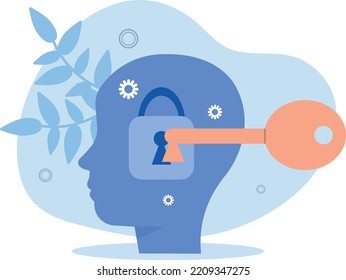La llave para abrir el bloqueo. concepto de psicología y autoconocimiento. ilustración vectorial.