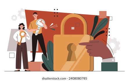 Key to open padlock. Man and woman near lock. Business strategy and solution of problems. Safety and security of personal data. Cartoon flat vector illustration isolated on white background