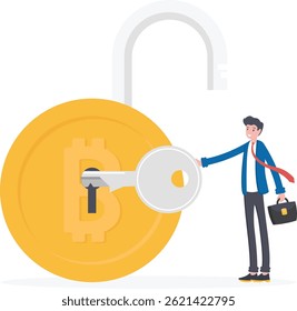The key opens a bitcoin lock. concept of success key unlock, vector image illustration


