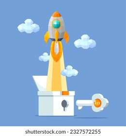 The key opens the box, unlock 3D low polygon the Rocket. Startup business Innovation new idea concept. Digital marketing boost up. Vector illustration flat design for banner, poster, and background.